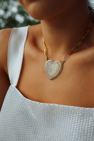 Chained Pave Heart Necklace - Clear
