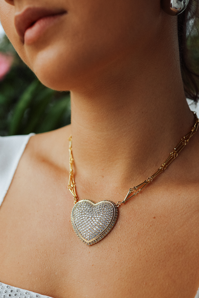 Chained Pave Heart Necklace - Clear