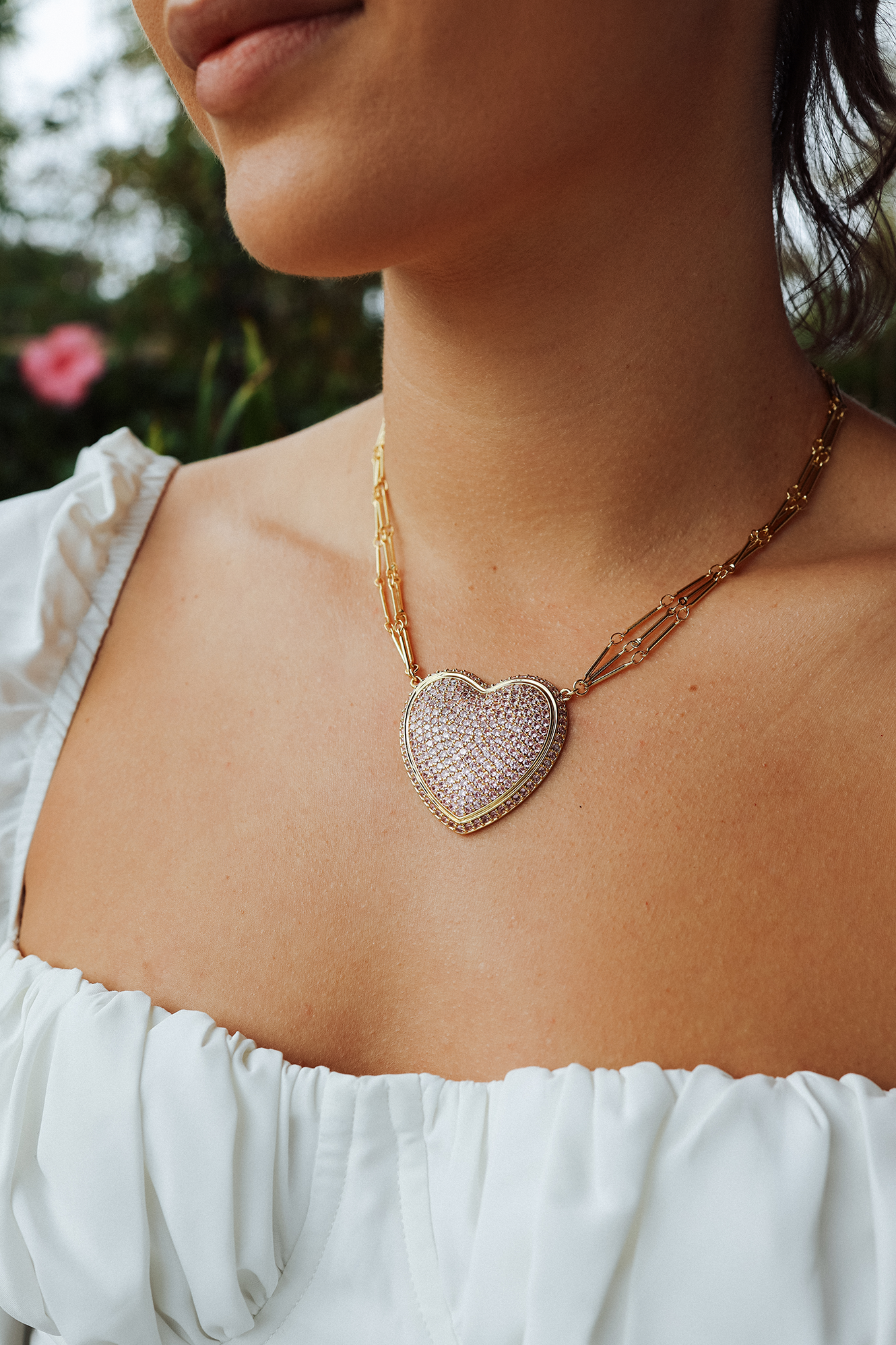 Chained Pave Heart Necklace - Pink