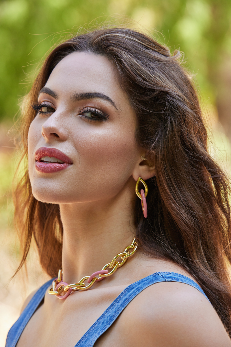 Enamel Link Earrings - Pink