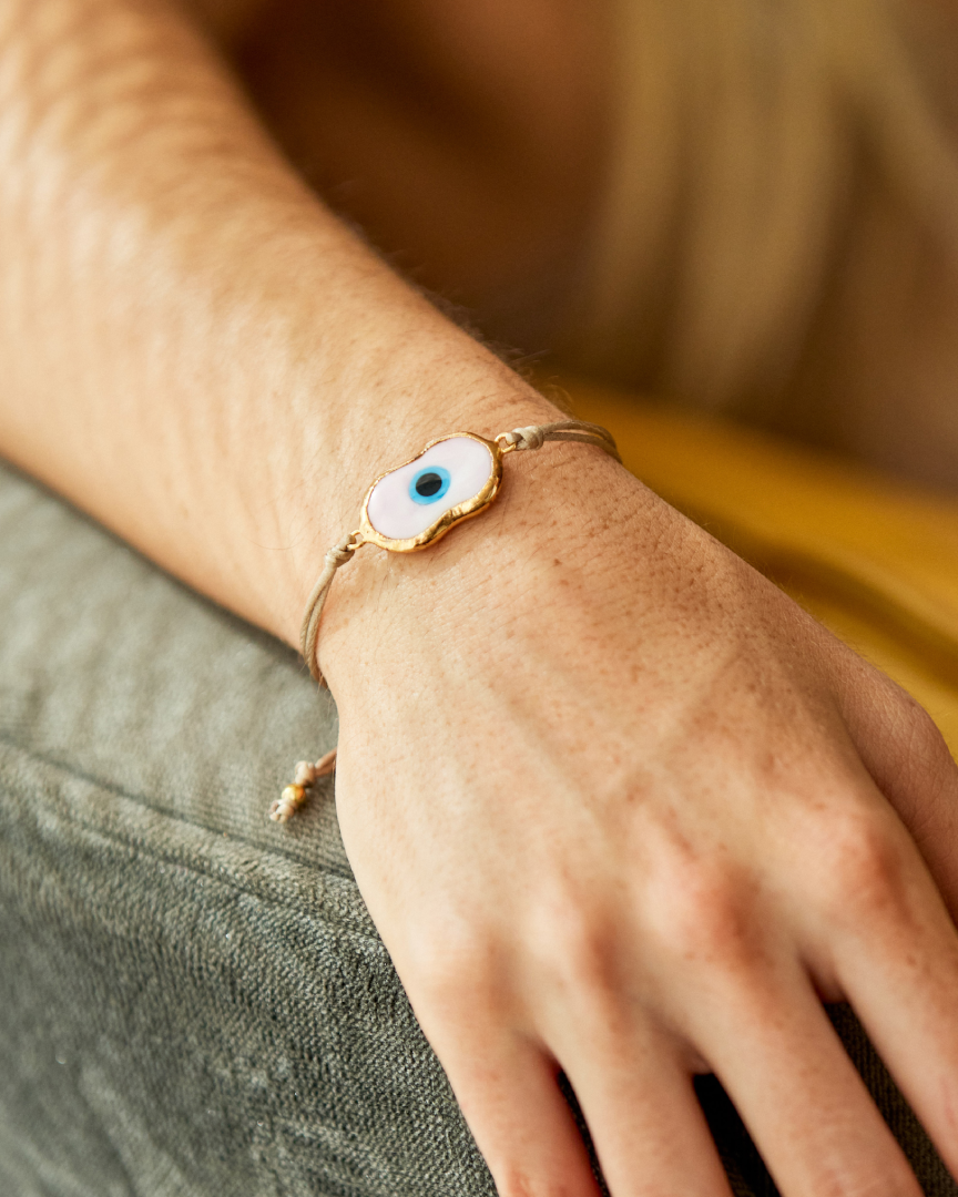 Evil Eye Cord Bracelet - Tan/Pink