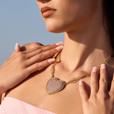 Chained Pave Heart Necklace - Pink