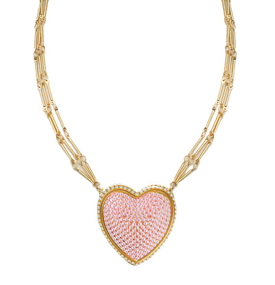 Chained Pave Heart Necklace - Pink