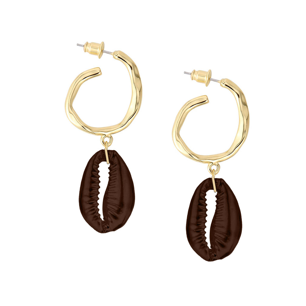 Hammered Hoop Shell Drops - Shiny Brown/Gold