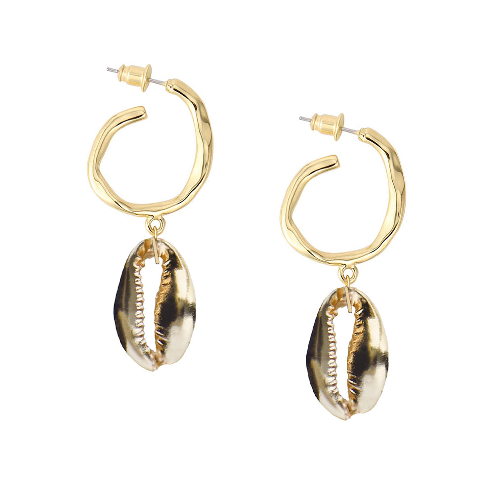 Hammered Hoop Shell Drops - Gold/Gold