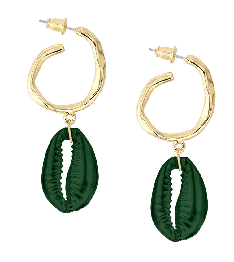 Hammered Hoop Shell Drops - Matte Green/Gold